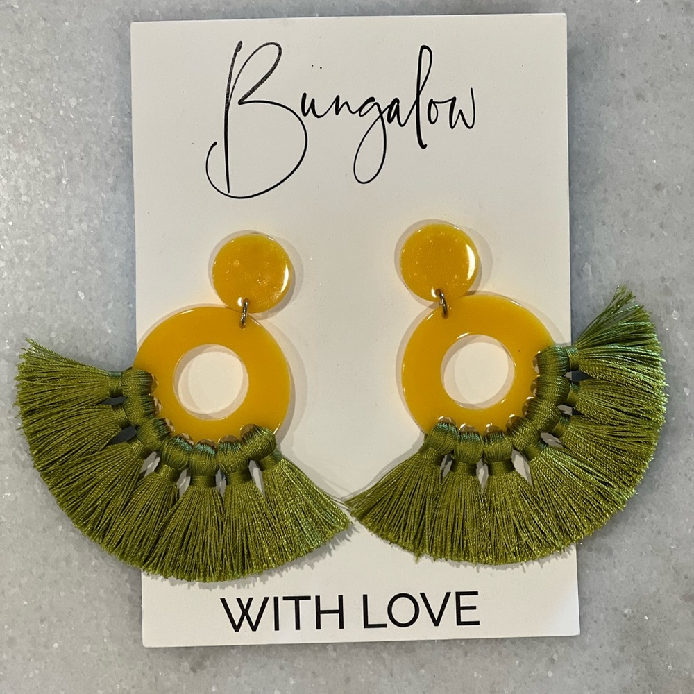 NWT Yellow acrylic and green fringe earrings.